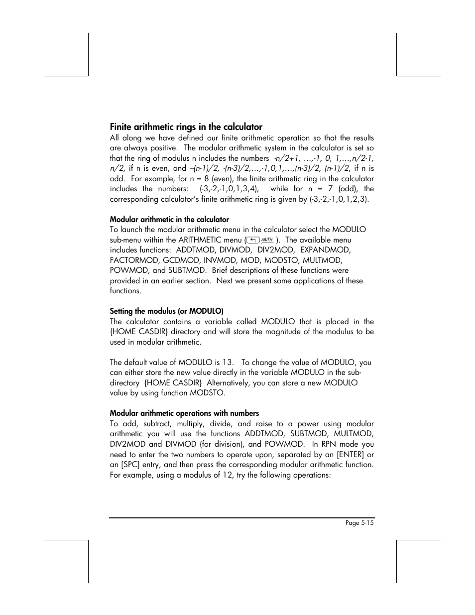 Finite arithmetic rings in the calculator | HP 49g+ User Manual | Page 182 / 862