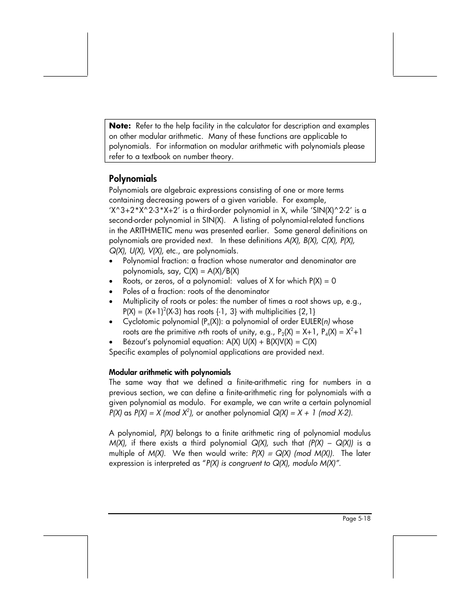 Polynomials, Modular arithmetic with polynomials | HP 49g+ User Manual | Page 185 / 862