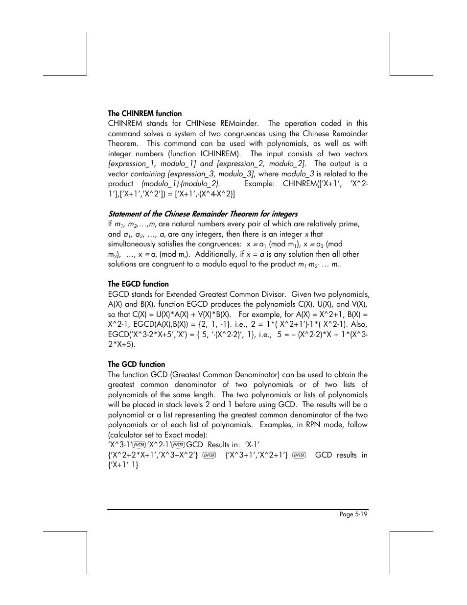 The chinrem function, The egcd function, The gcd function | HP 49g+ User Manual | Page 186 / 862