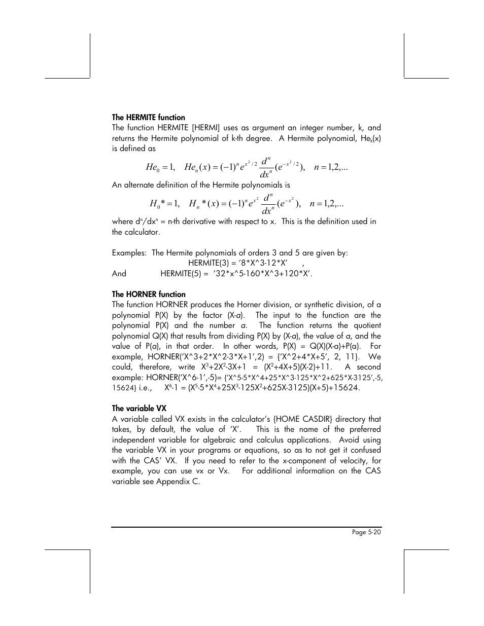 The hermite function, The horner function, The variable vx | HP 49g+ User Manual | Page 187 / 862