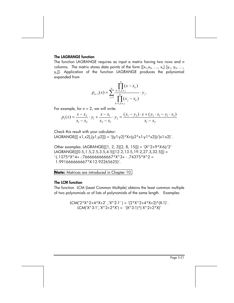 The lagrange function, The lcm function | HP 49g+ User Manual | Page 188 / 862