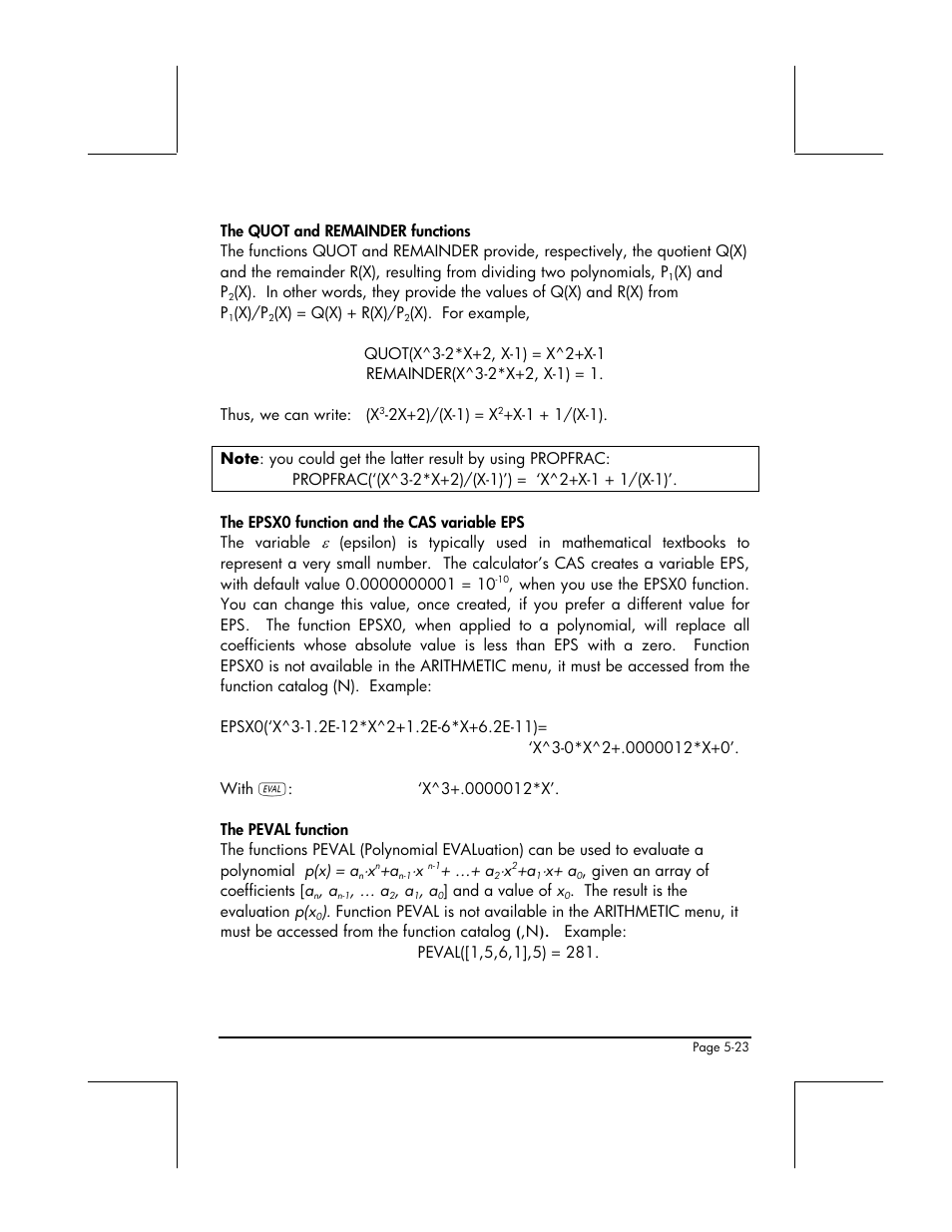 The quot and remainder functions, The epsx0 function and the cas variable eps, The peval function | HP 49g+ User Manual | Page 190 / 862