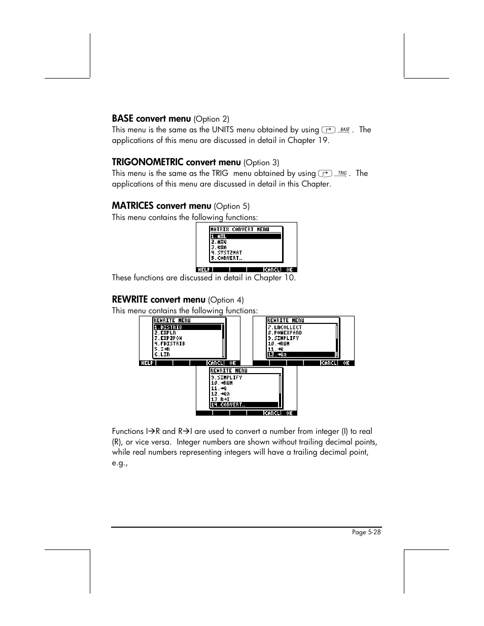 Base convert menu, Trigonometric convert menu, Matrices convert menu | Rewrite convert menu | HP 49g+ User Manual | Page 195 / 862