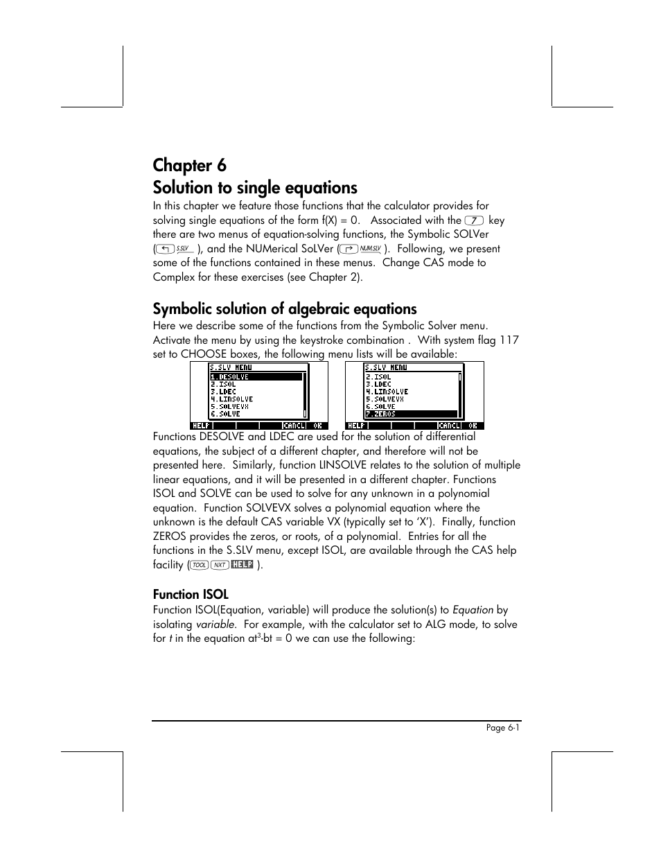 Chapter 6 solution to single equations, Symbolic solution of algebraic equations, Function isol | HP 49g+ User Manual | Page 198 / 862