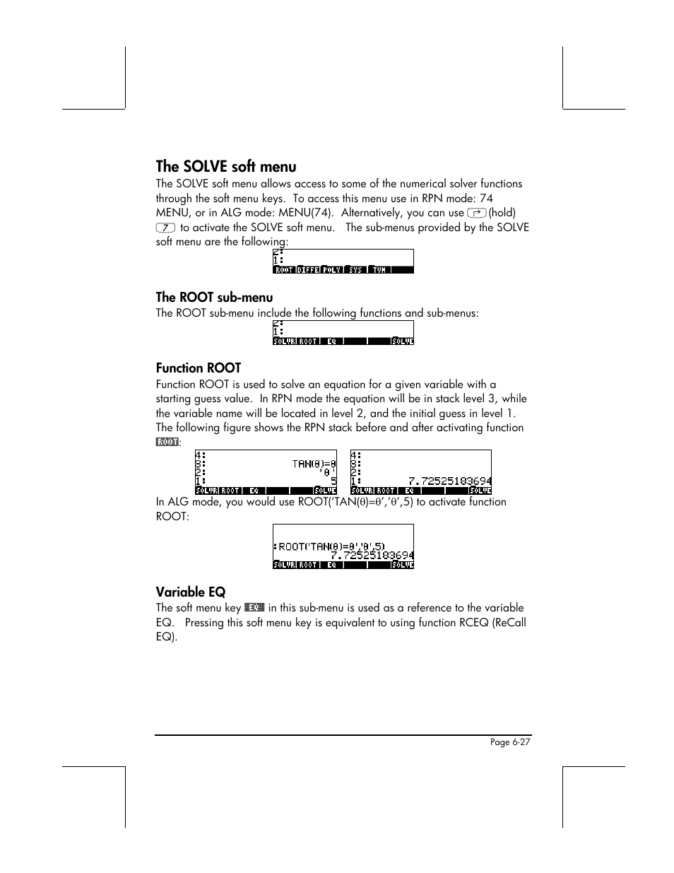 The solve soft menu, The root sub-menu, Function root | Variable eq | HP 49g+ User Manual | Page 224 / 862