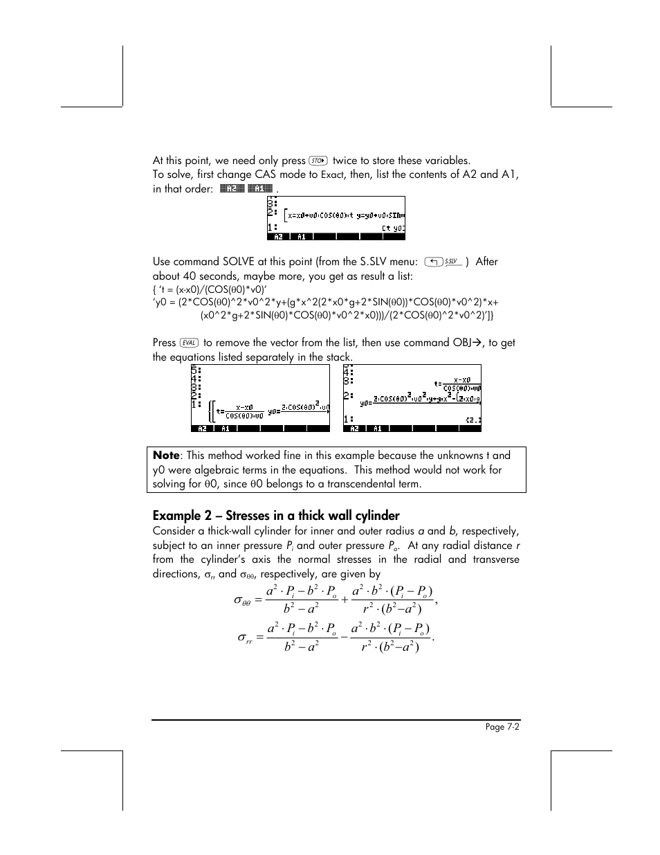 Example 2 – stresses in a thick wall cylinder | HP 49g+ User Manual | Page 232 / 862