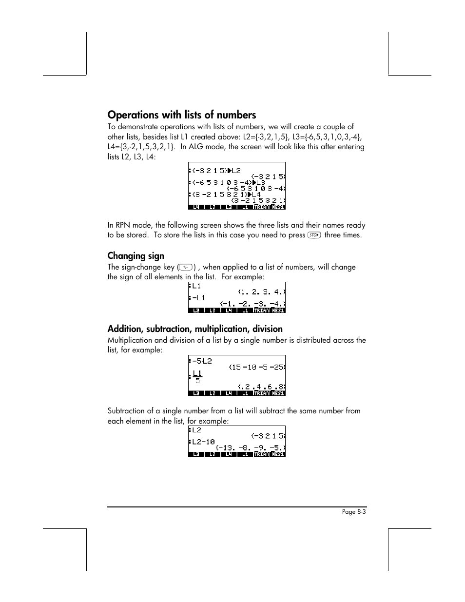 Operations with lists of numbers, Changing sign, Addition, subtraction, multiplication, division | HP 49g+ User Manual | Page 254 / 862