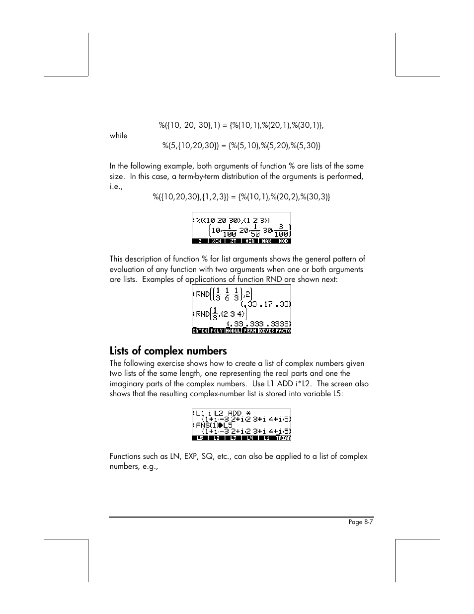 Lists of complex numbers | HP 49g+ User Manual | Page 258 / 862
