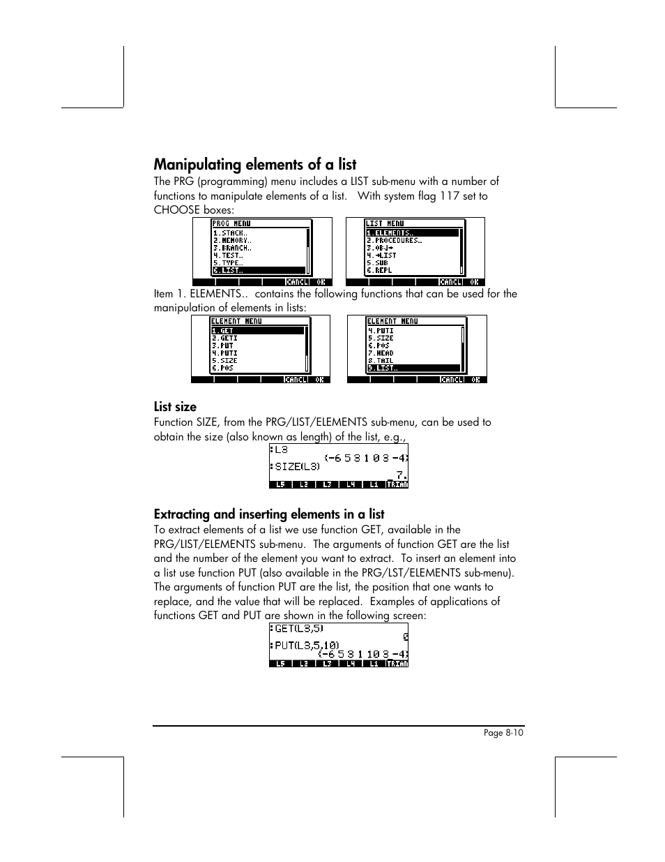 Manipulating elements of a list, List size, Extracting and inserting elements in a list | HP 49g+ User Manual | Page 261 / 862