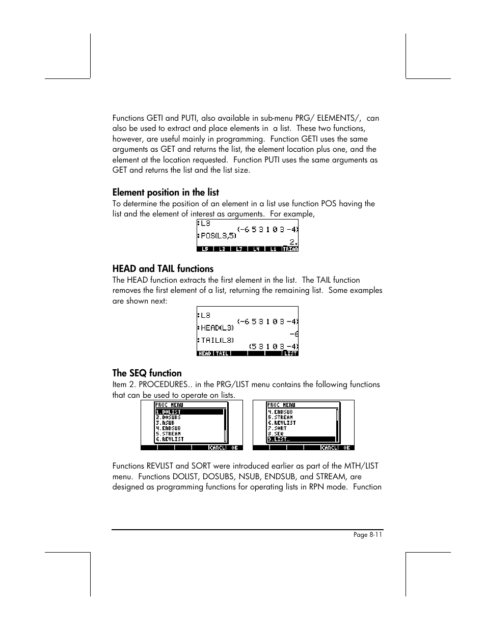 Element position in the list, Head and tail functions, The seq function | HP 49g+ User Manual | Page 262 / 862