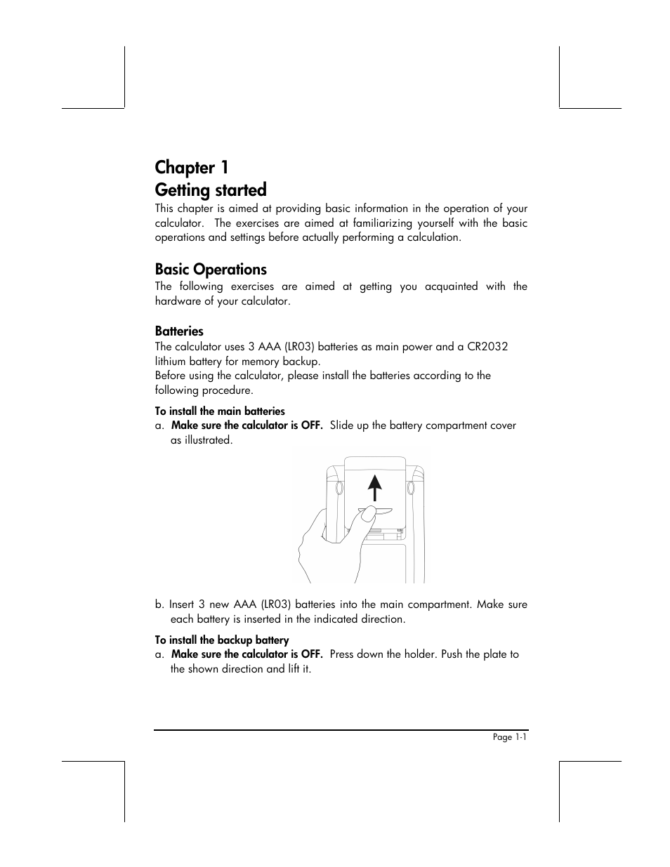 Chapter 1 getting started, Basic operations, Batteries | HP 49g+ User Manual | Page 27 / 862