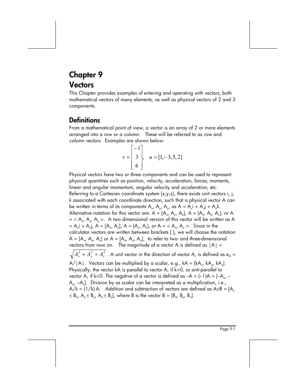 Chapter 9 vectors, Definitions | HP 49g+ User Manual | Page 272 / 862