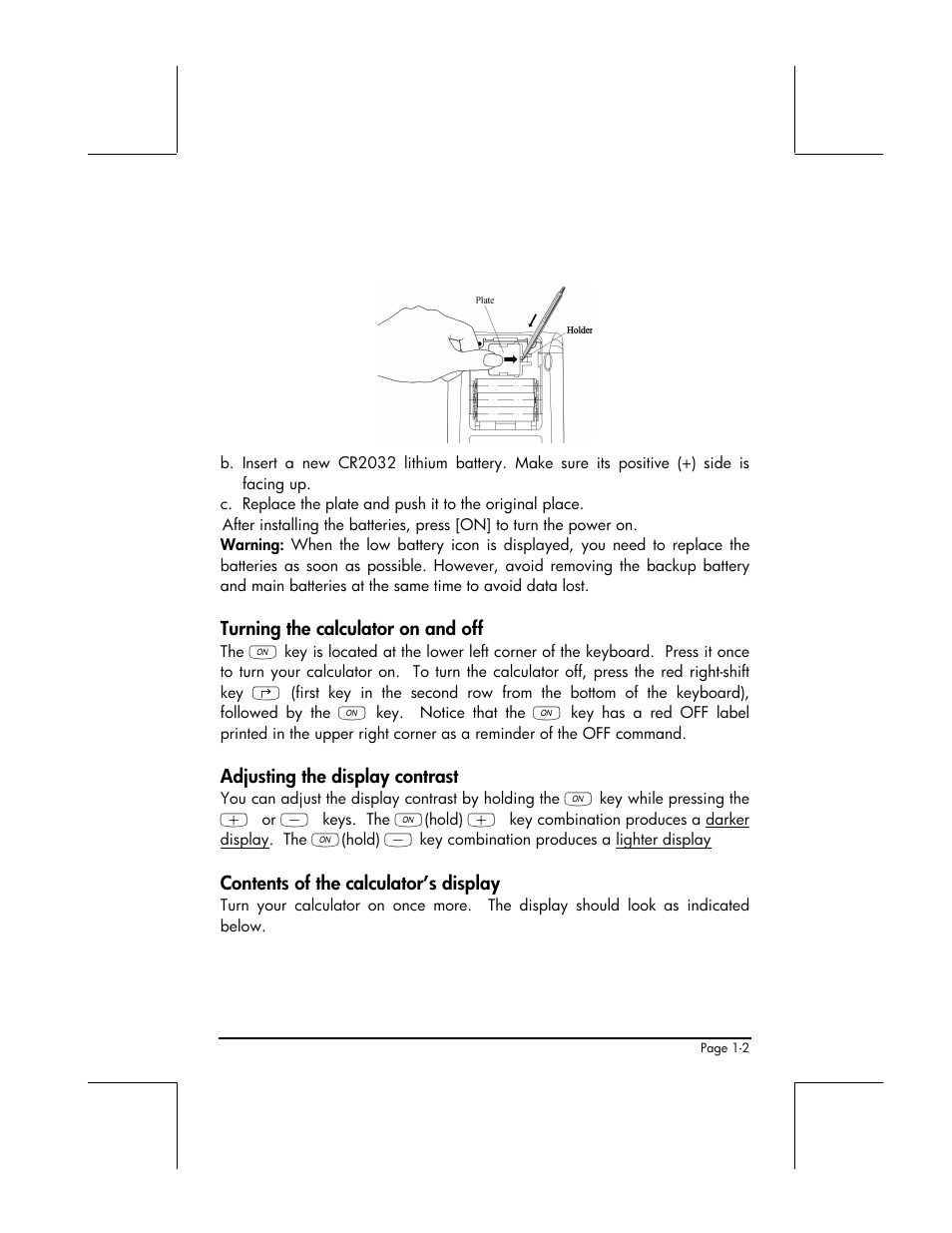 Turning the calculator on and off, Adjusting the display contrast, Contents of the calculator’s display | HP 49g+ User Manual | Page 28 / 862