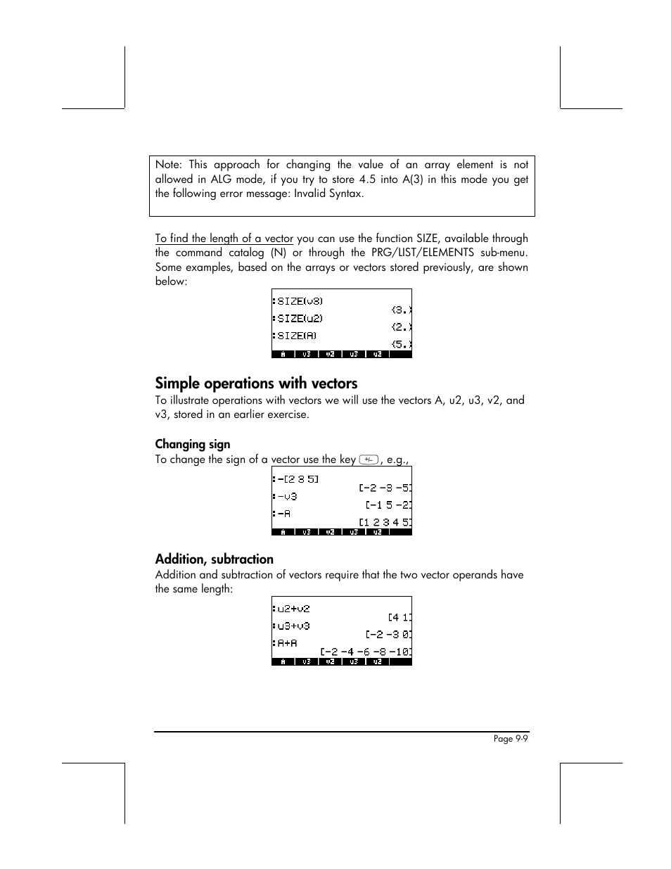 Simple operations with vectors, Changing sign, Addition, subtraction | HP 49g+ User Manual | Page 280 / 862
