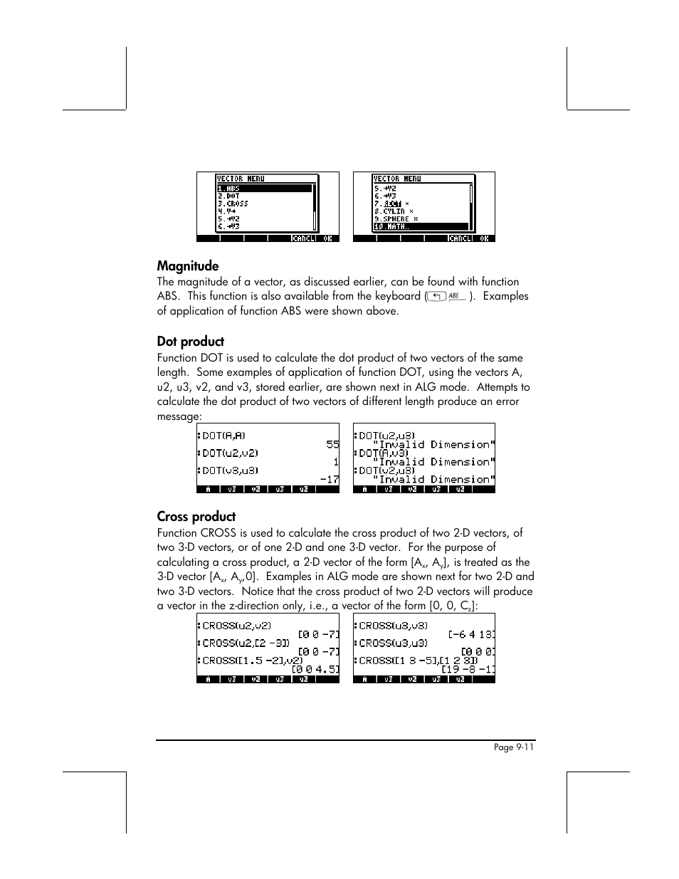 Magnitude, Dot product, Cross product | HP 49g+ User Manual | Page 282 / 862