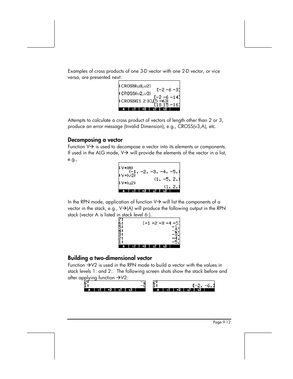 Decomposing a vector, Building a two-dimensional vector | HP 49g+ User Manual | Page 283 / 862