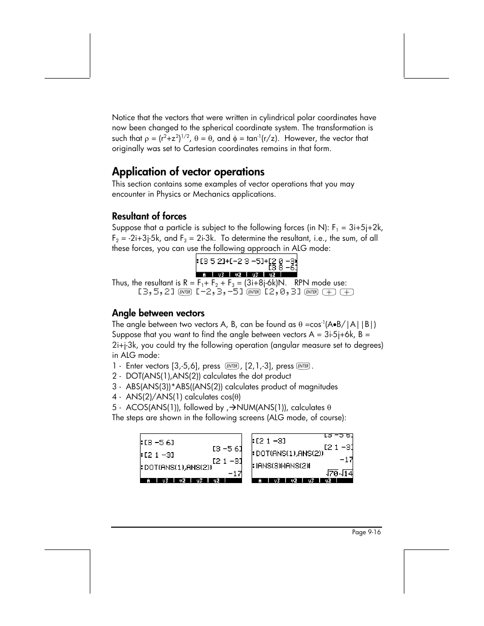 Application of vector operations, Resultant of forces, Angle between vectors | HP 49g+ User Manual | Page 287 / 862