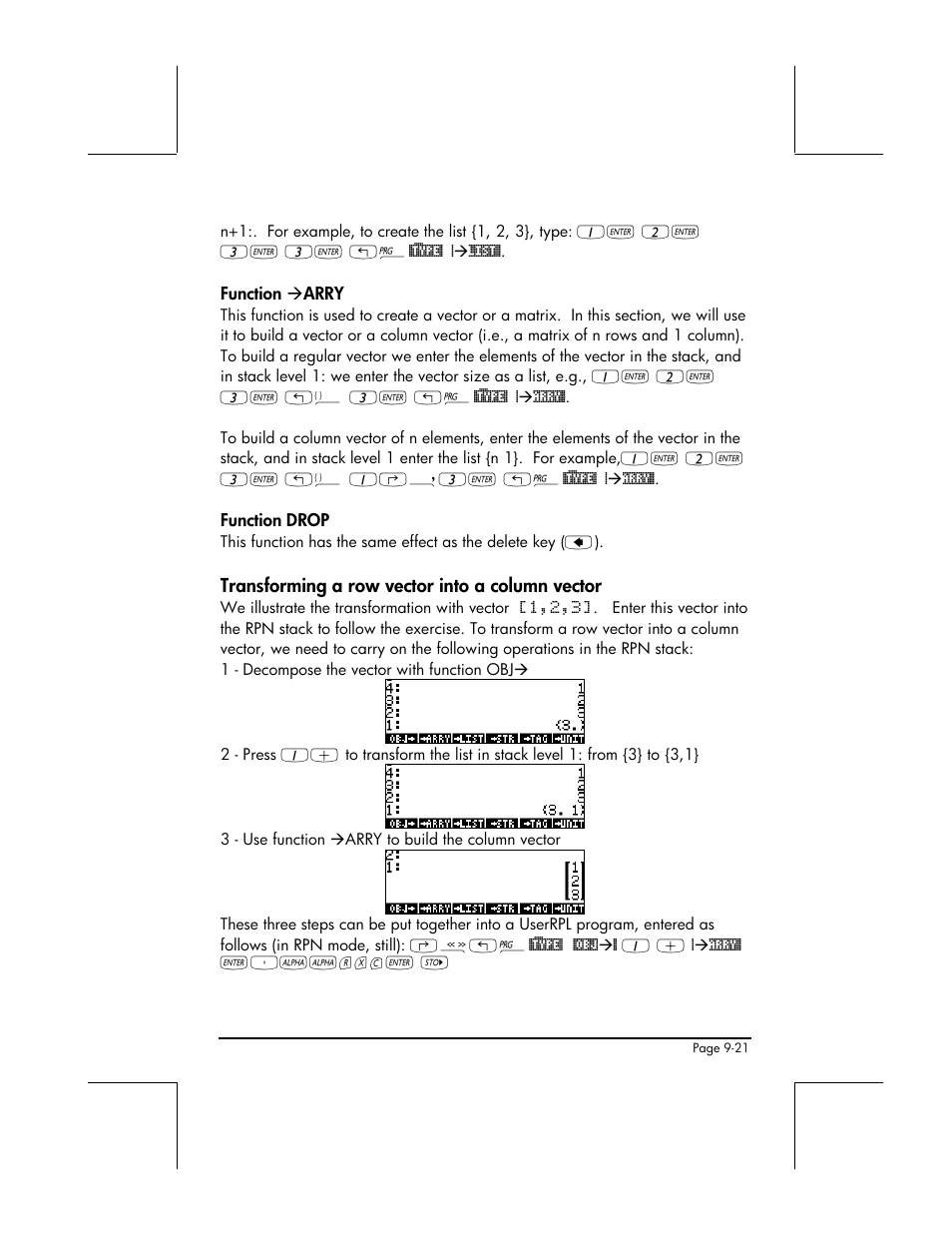 Function → arry, Function drop, Transforming a row vector into a column vector | HP 49g+ User Manual | Page 292 / 862
