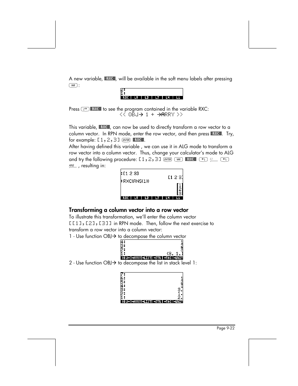 Transforming a column vector into a row vector | HP 49g+ User Manual | Page 293 / 862