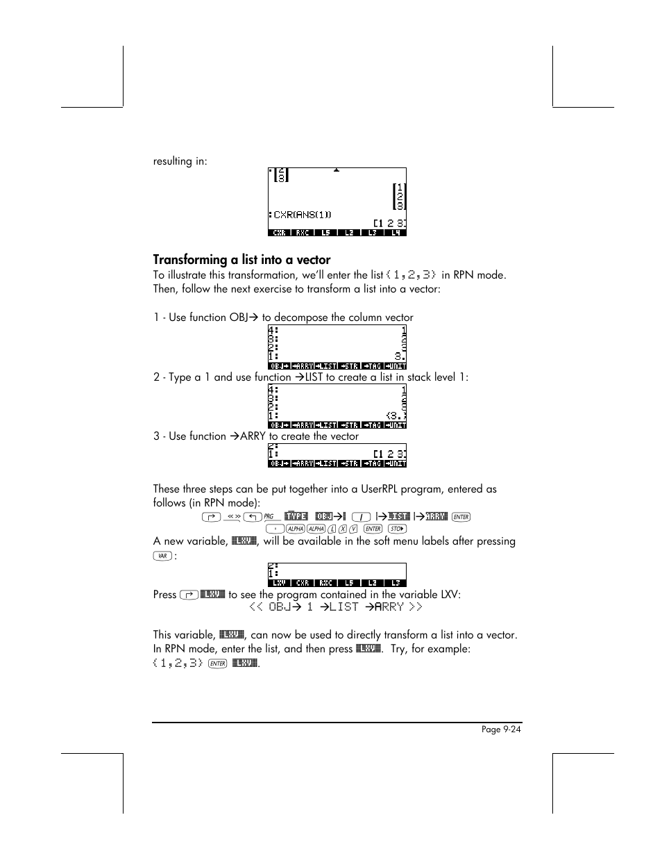 Transforming a list into a vector | HP 49g+ User Manual | Page 295 / 862