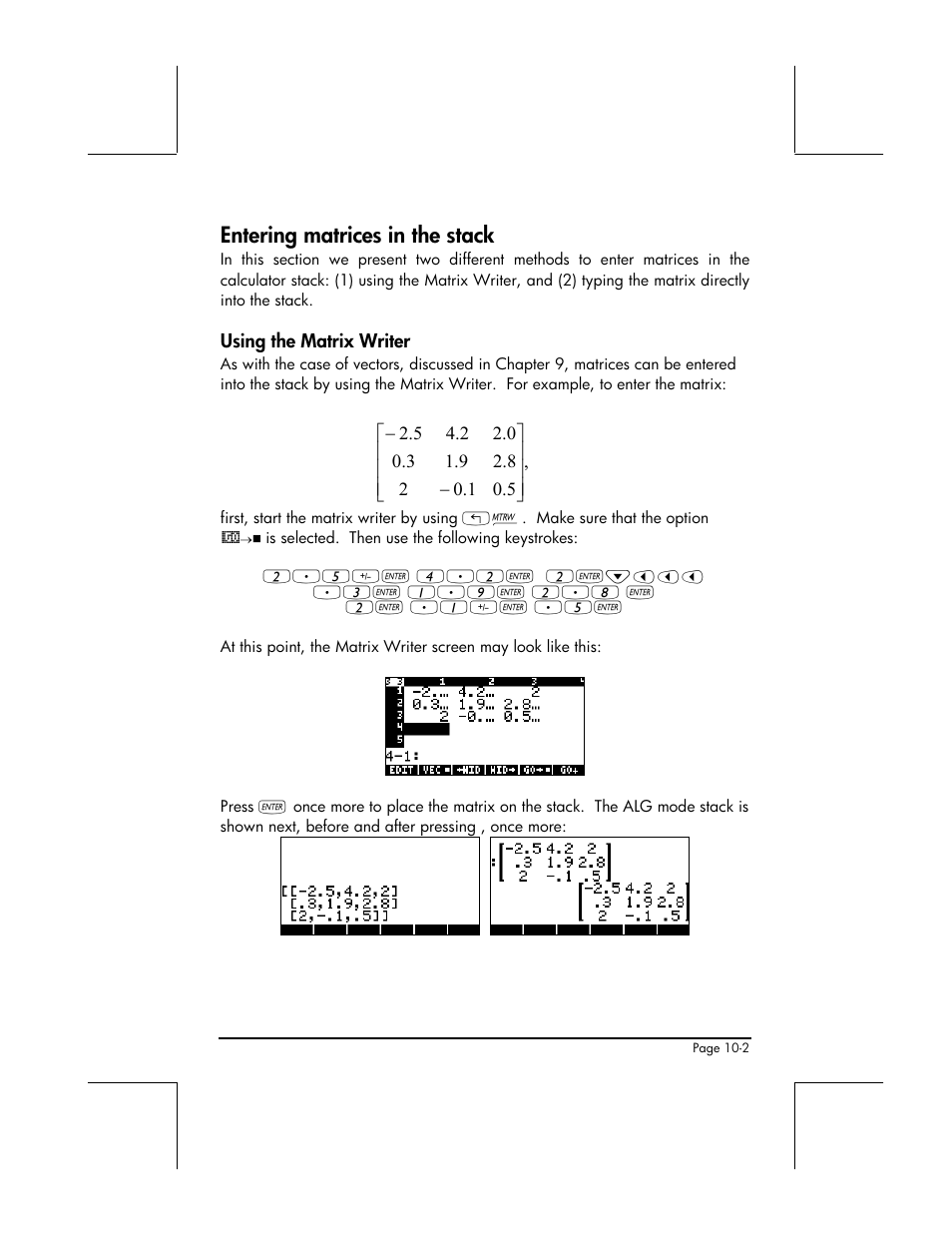 Entering matrices in the stack, Using the matrix editor | HP 49g+ User Manual | Page 298 / 862