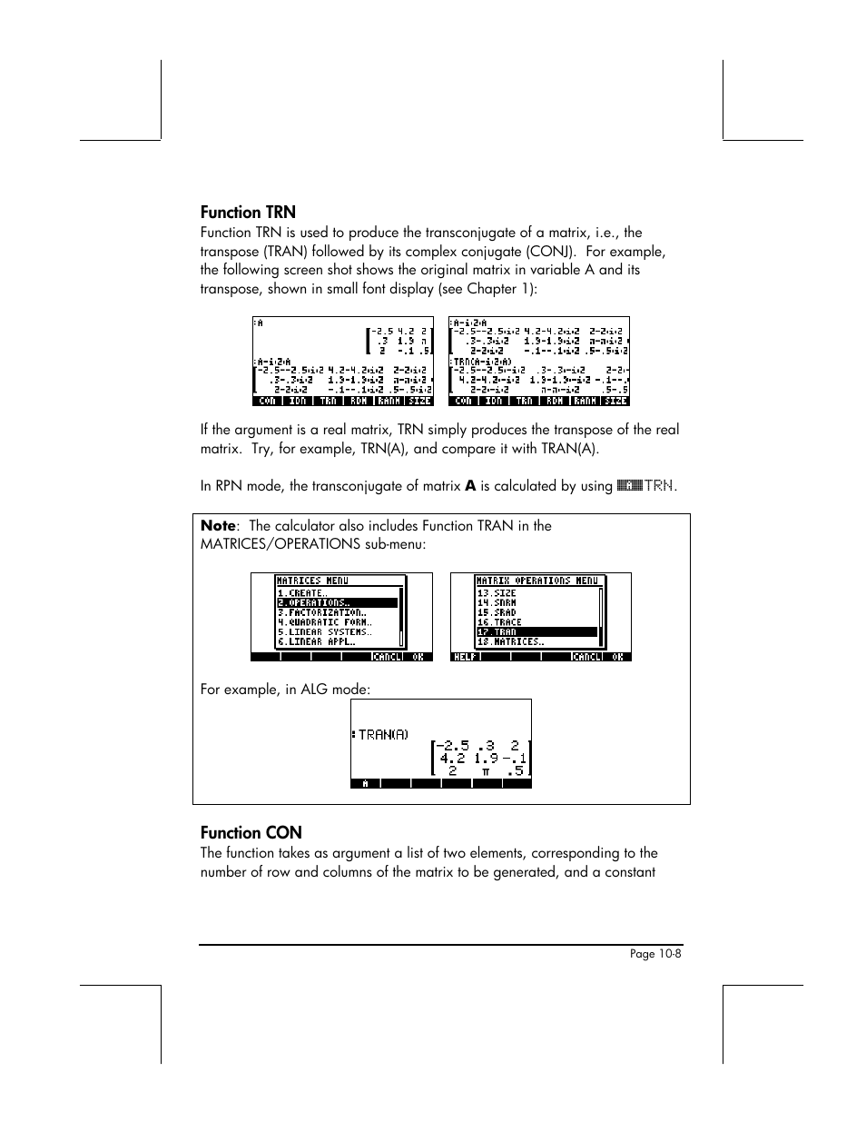 Function trn, Function con | HP 49g+ User Manual | Page 304 / 862