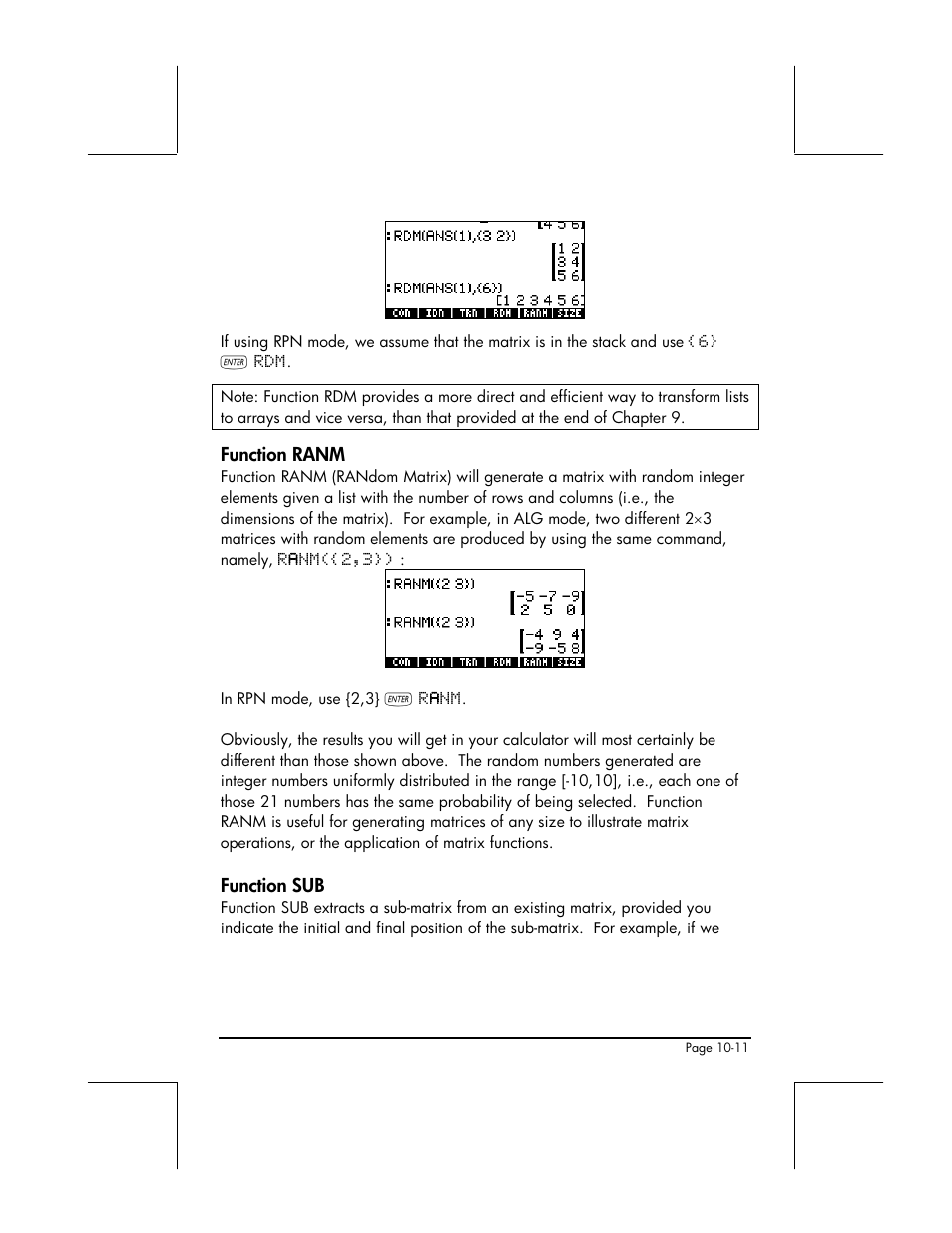 Function ranm, Function sub | HP 49g+ User Manual | Page 307 / 862