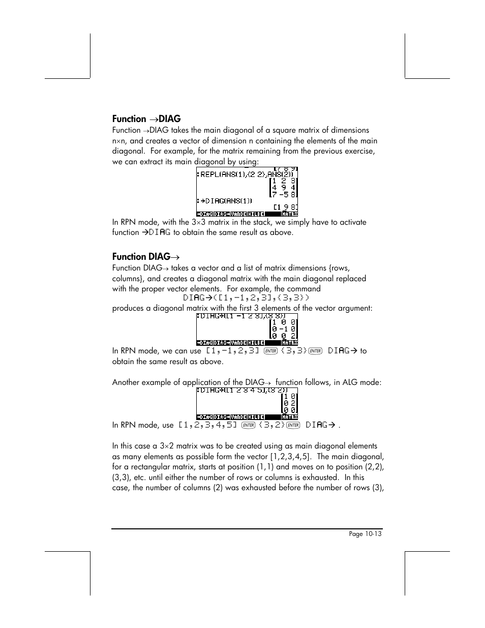 Function →diag, Function diag | HP 49g+ User Manual | Page 309 / 862