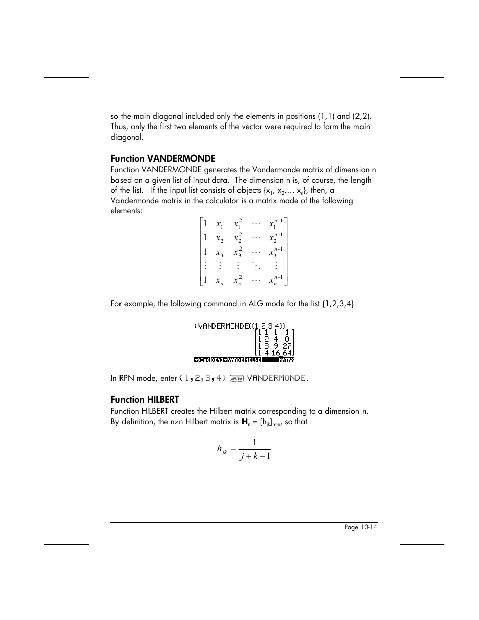 Function vandermonde, Function hilbert | HP 49g+ User Manual | Page 310 / 862