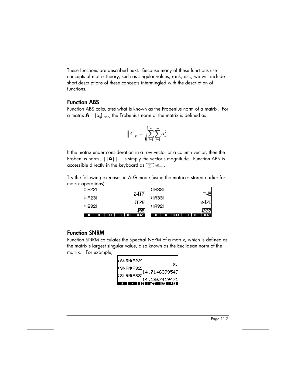 Function abs, Function snrm | HP 49g+ User Manual | Page 329 / 862