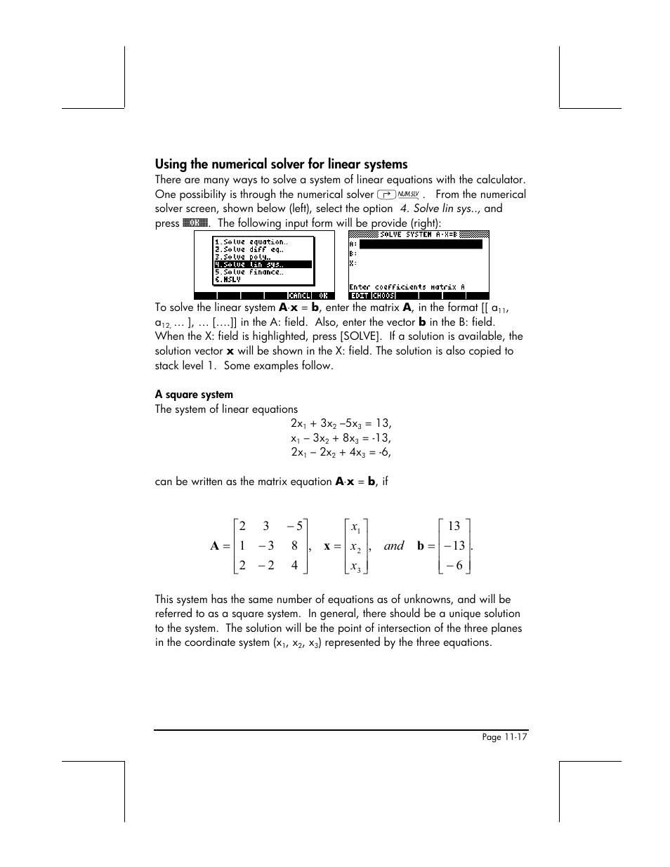 Using the numerical solver for linear systems | HP 49g+ User Manual | Page 339 / 862