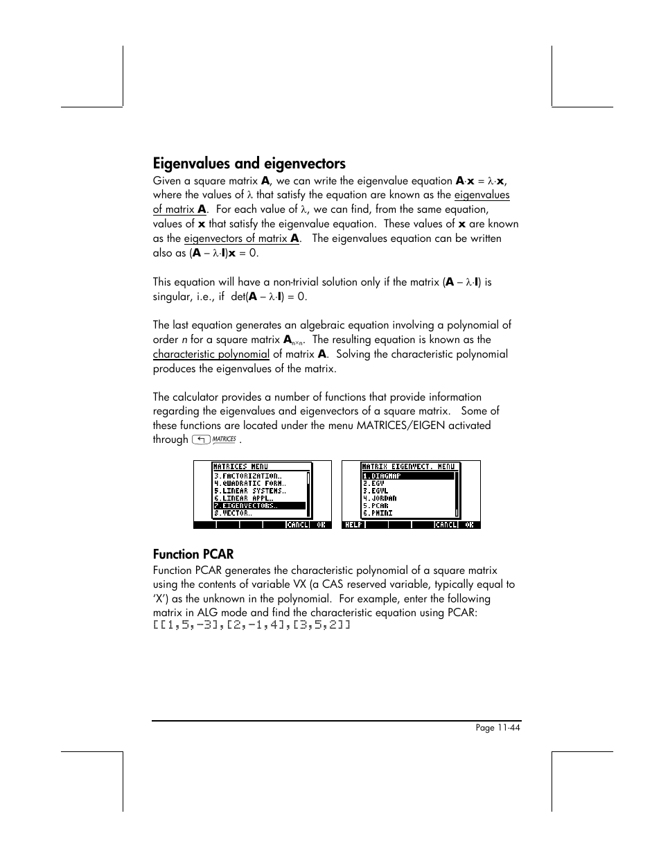 Eigenvalues and eigenvectors, Function pcar | HP 49g+ User Manual | Page 366 / 862