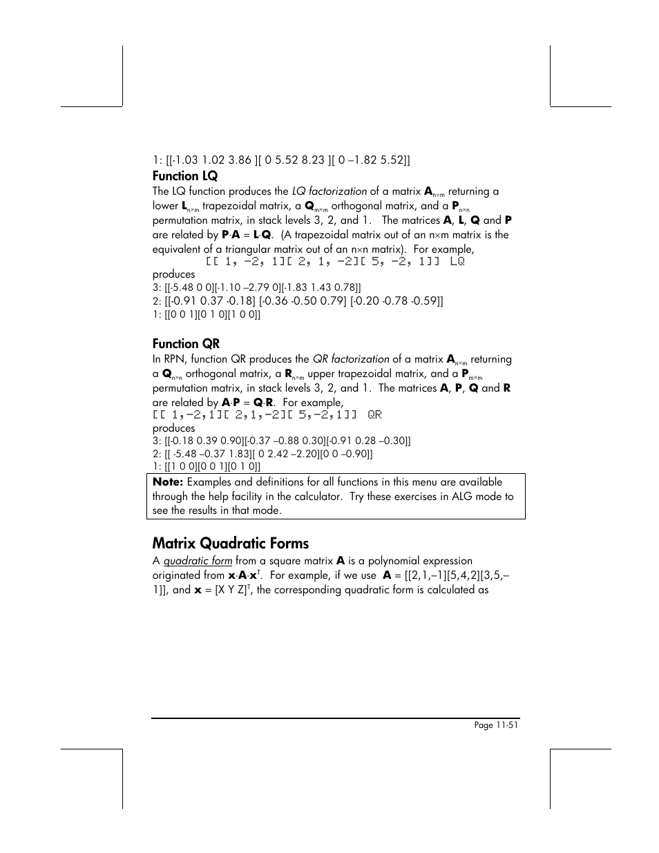Function lq, Function qr, Matrix quadratic forms | HP 49g+ User Manual | Page 373 / 862
