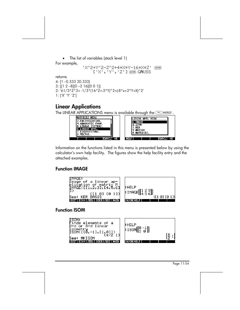 Linear applications, Function image, Function isom | HP 49g+ User Manual | Page 376 / 862