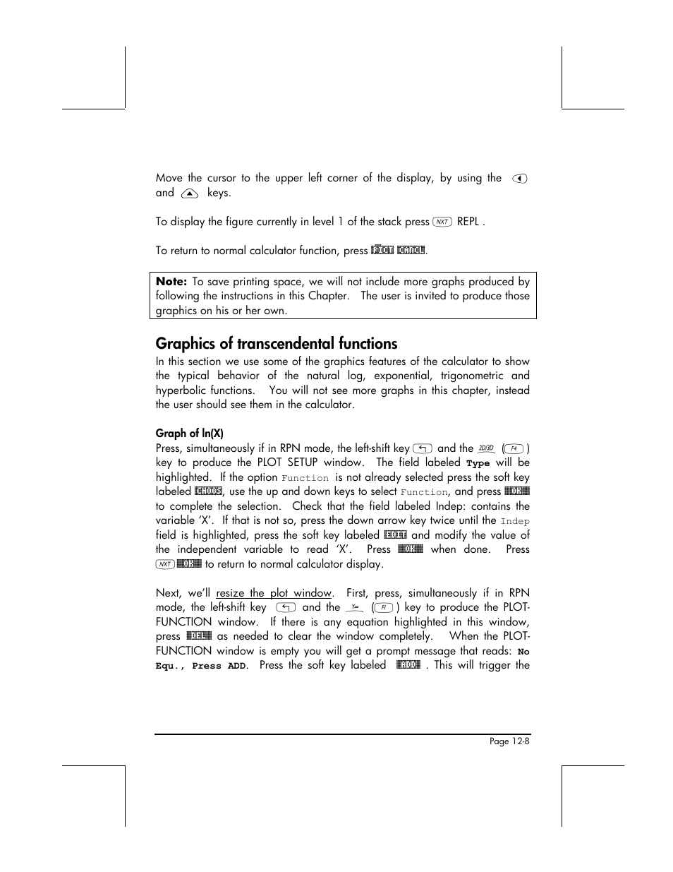 Graphics of transcendental functions, Graph of ln(x) | HP 49g+ User Manual | Page 385 / 862