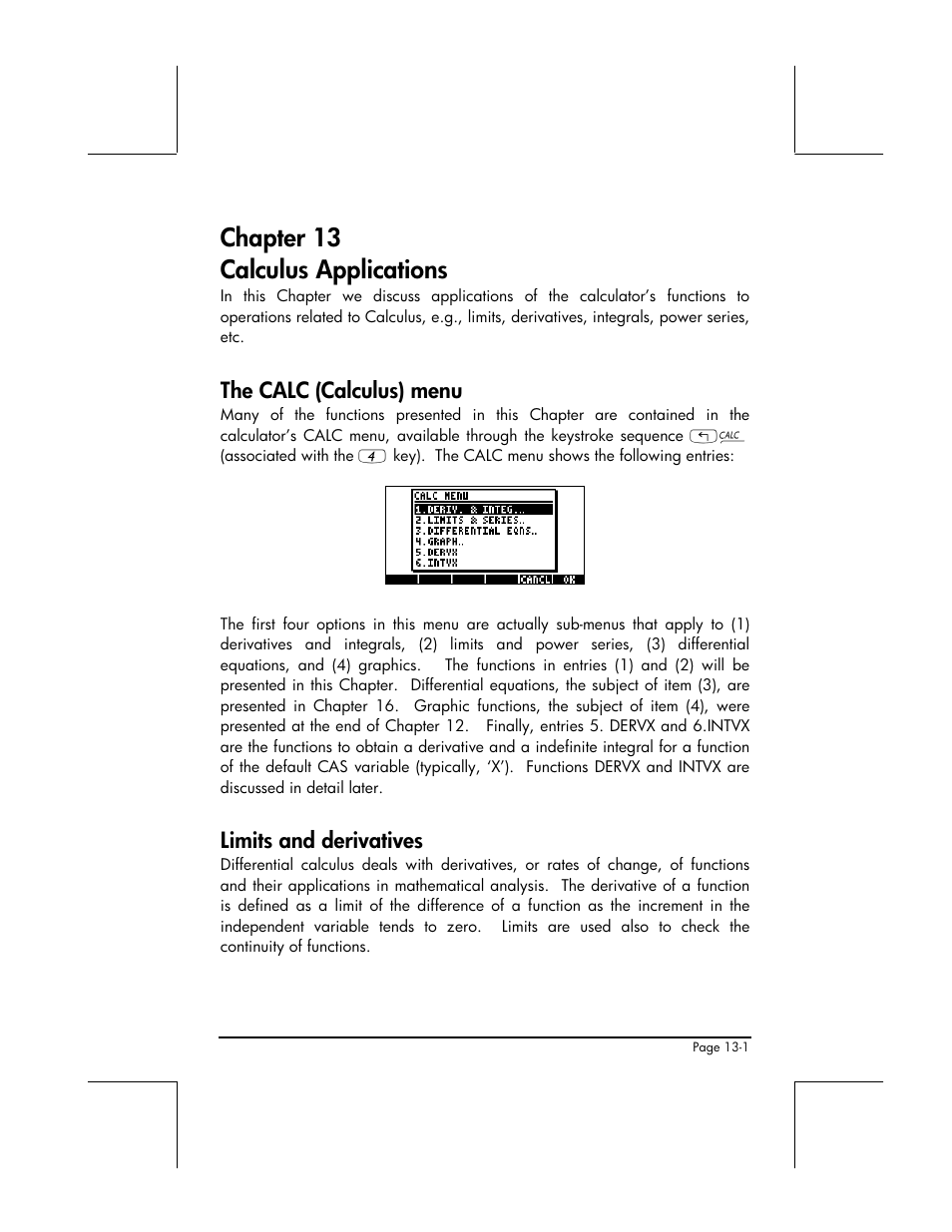 Chapter 13 calculus applications, The calc (calculus) menu, Limits and derivatives | HP 49g+ User Manual | Page 432 / 862