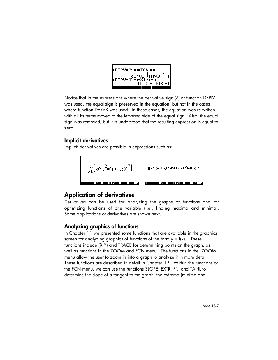 Implicit derivatives, Application of derivatives, Analyzing graphics of functions | HP 49g+ User Manual | Page 438 / 862