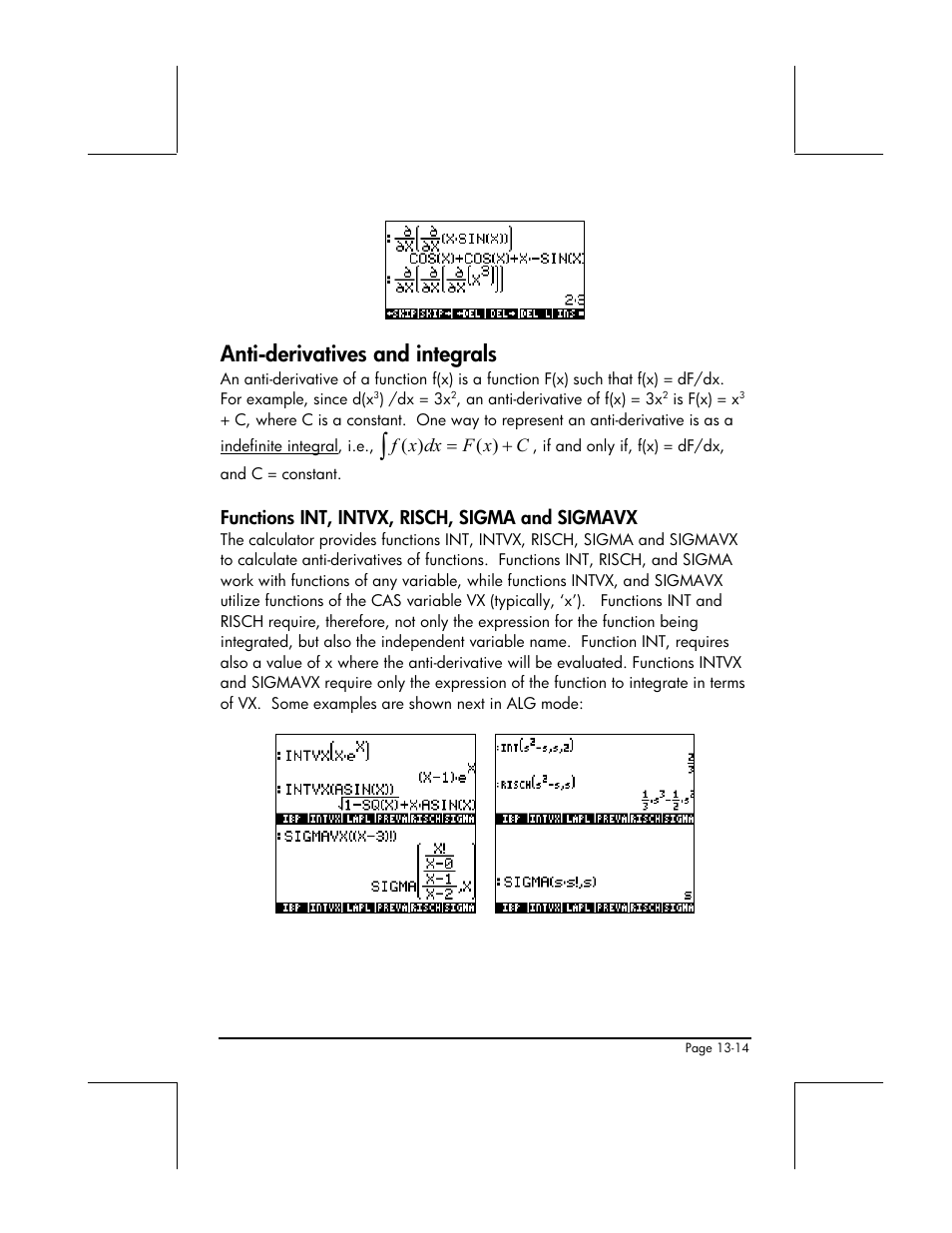 Anti-derivatives and integrals, Functions int, intvx, risch, sigma and sigmavx | HP 49g+ User Manual | Page 445 / 862