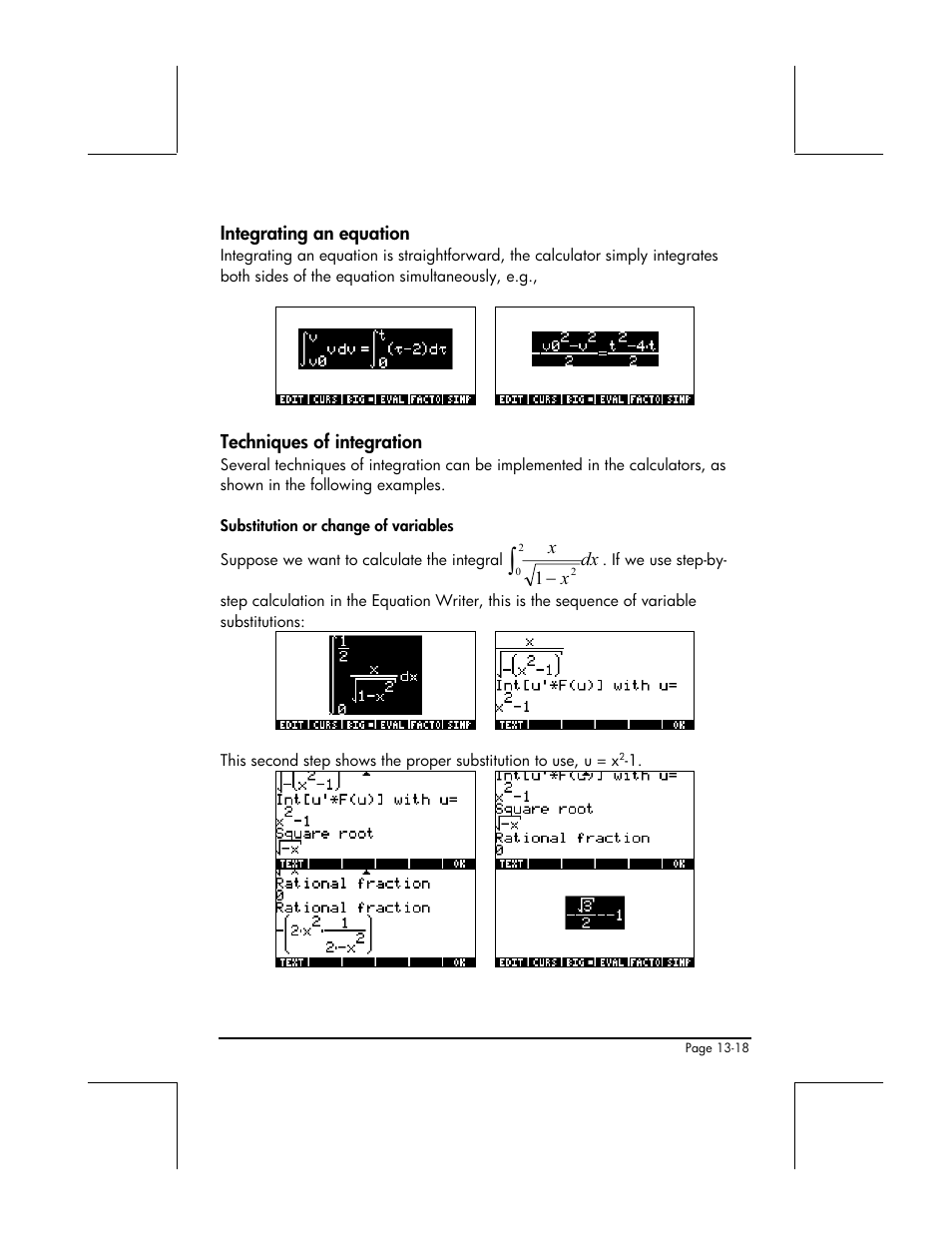 Integrating an equation, Techniques of integration, Substitution or change of variables | HP 49g+ User Manual | Page 449 / 862