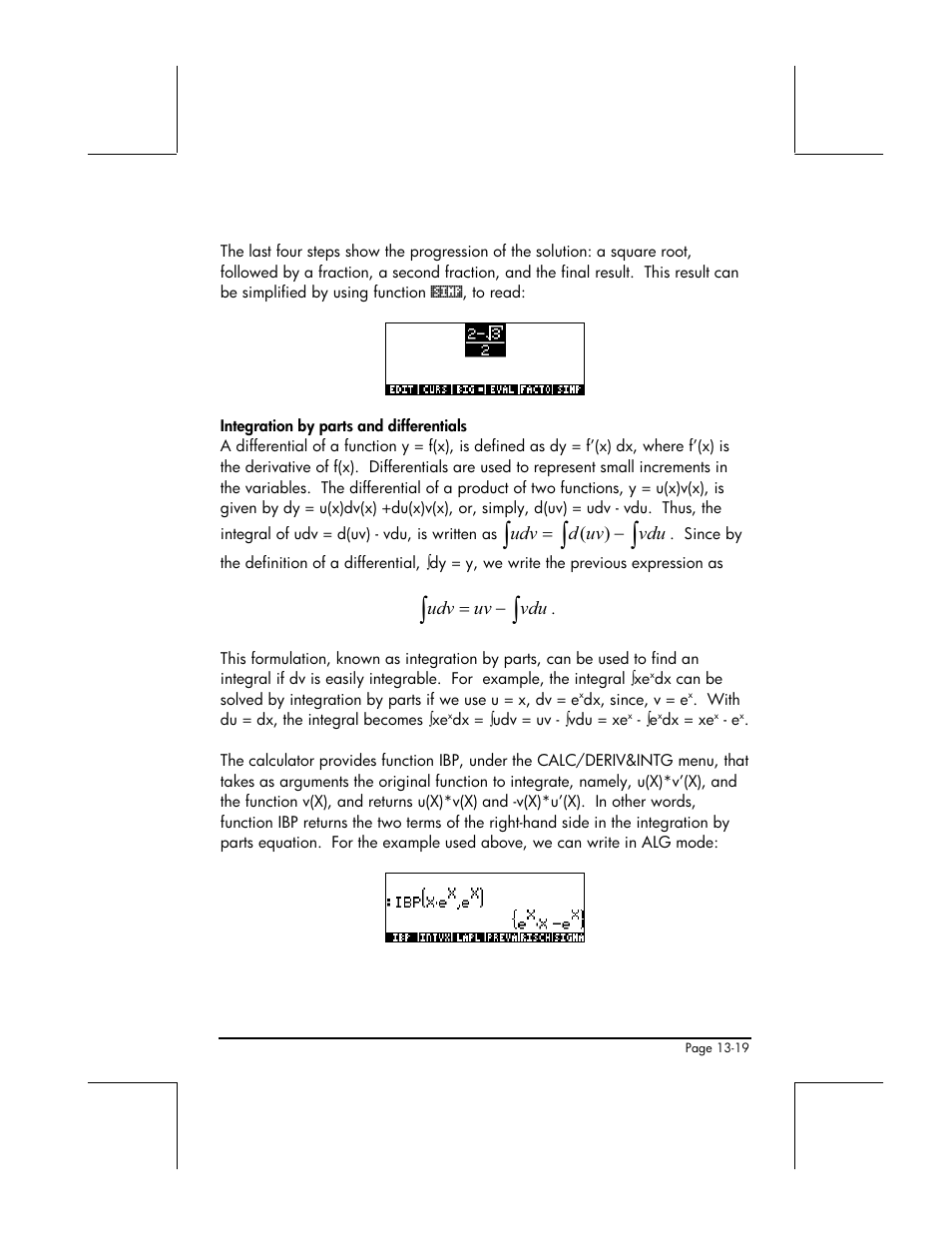 Integration by parts and differentials | HP 49g+ User Manual | Page 450 / 862