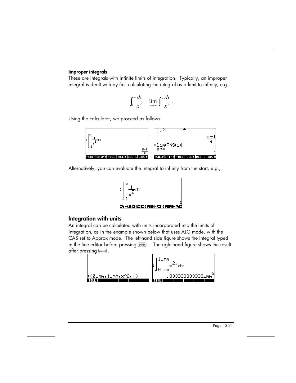 Improper integrals, Integration with units | HP 49g+ User Manual | Page 452 / 862