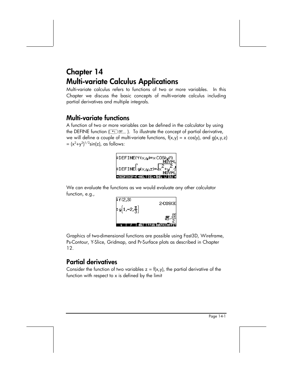 Chapter 14 multi-variate calculus applications, Multi-variate functions, Partial derivatives | HP 49g+ User Manual | Page 458 / 862