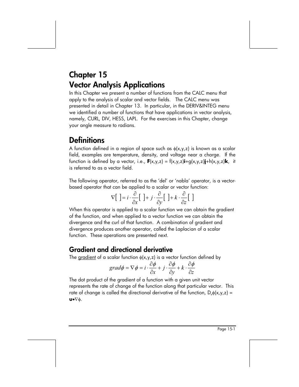 Chapter 15 vector analysis applications, Definitions, Gradient and directional derivative | HP 49g+ User Manual | Page 468 / 862