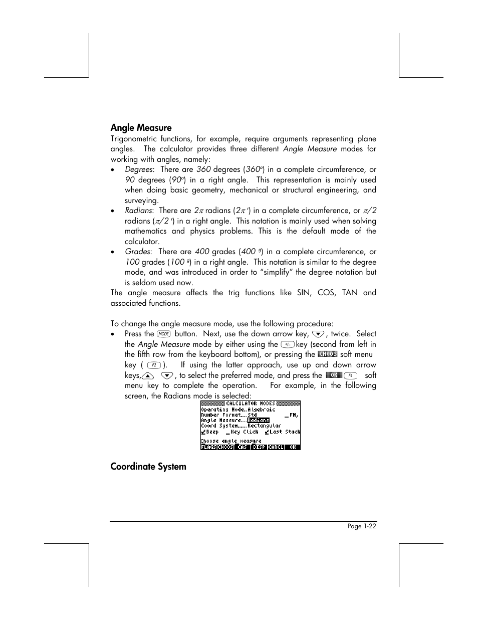 Angle measure, Coordinate system | HP 49g+ User Manual | Page 48 / 862