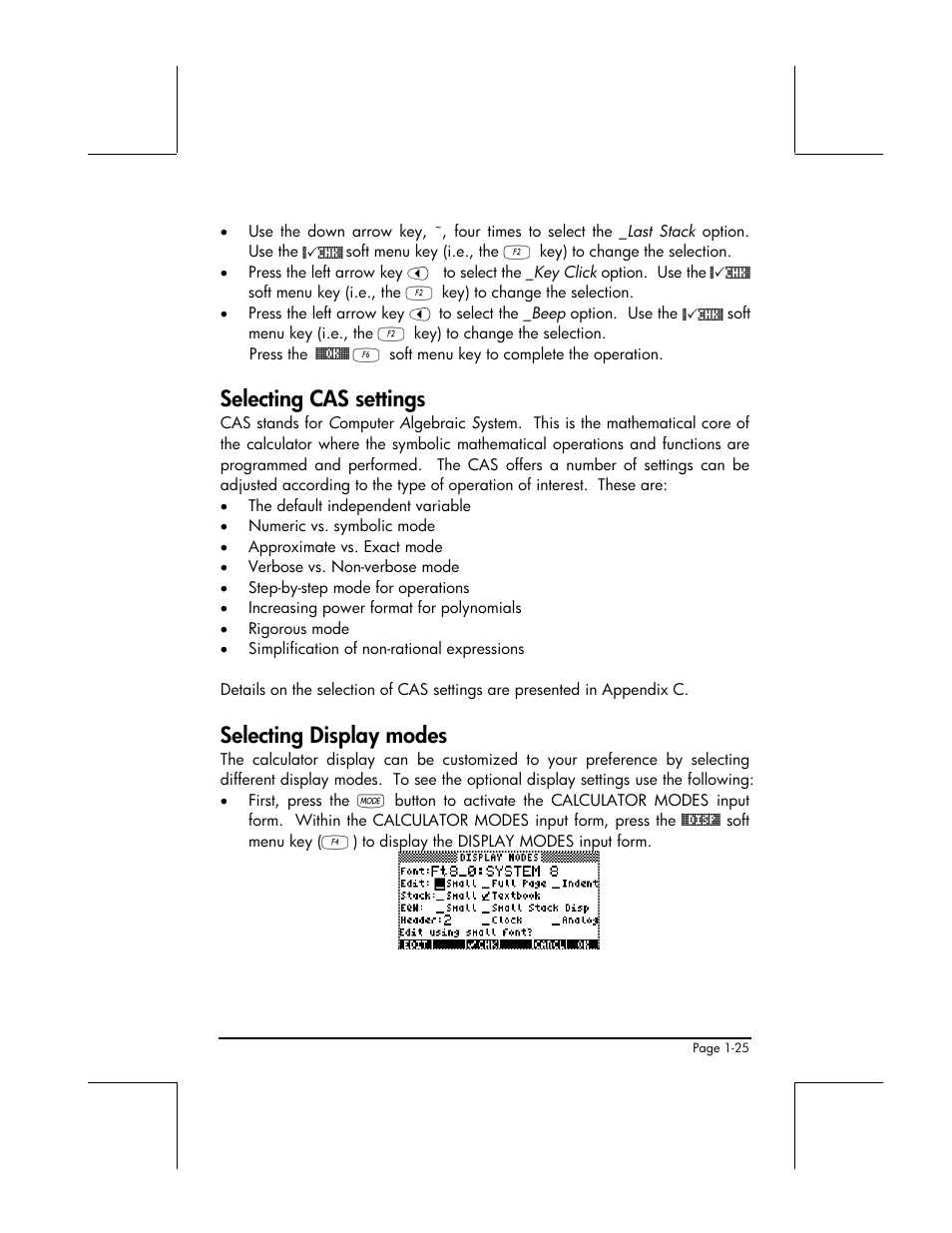 Selecting cas settings, Selecting display modes | HP 49g+ User Manual | Page 51 / 862