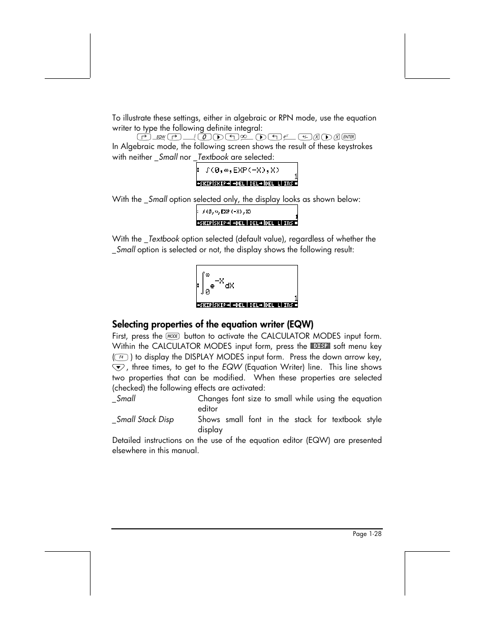 Selecting properties of the equation writer (eqw) | HP 49g+ User Manual | Page 54 / 862