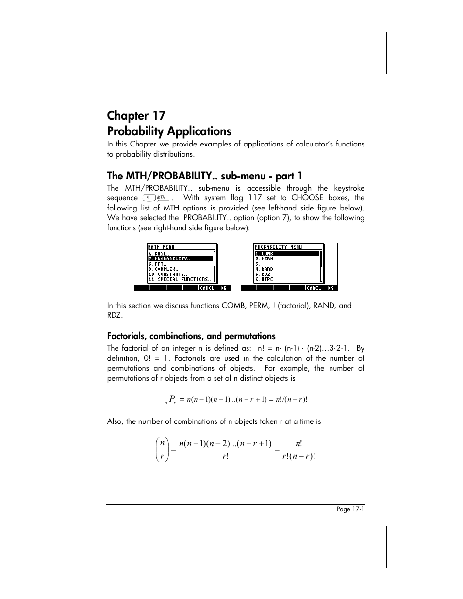 Chapter 17 probability applications, The mth/probability.. sub-menu - part 1, Factorials, combinations, and permutations | HP 49g+ User Manual | Page 550 / 862