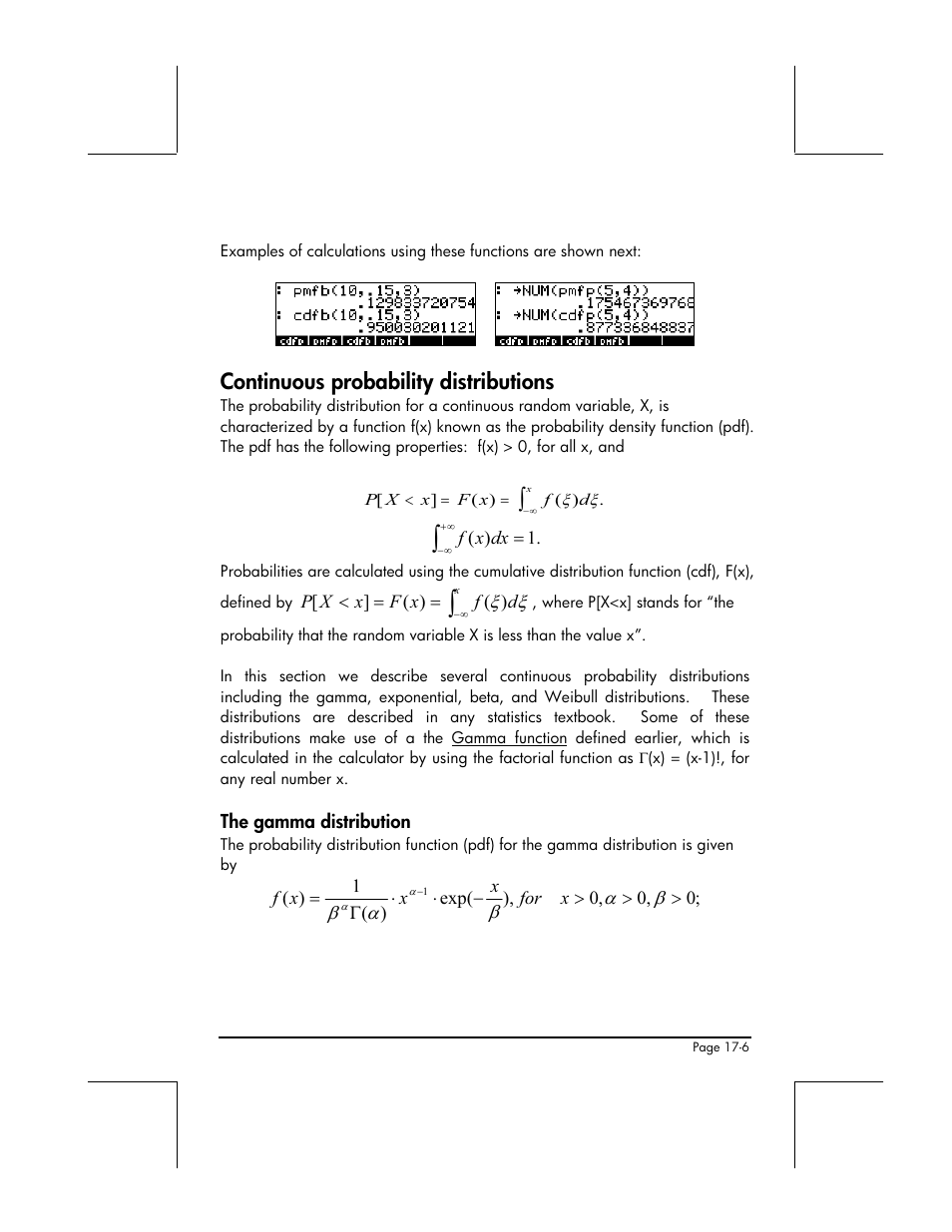 Continuous probability distributions, The gamma distribution | HP 49g+ User Manual | Page 555 / 862