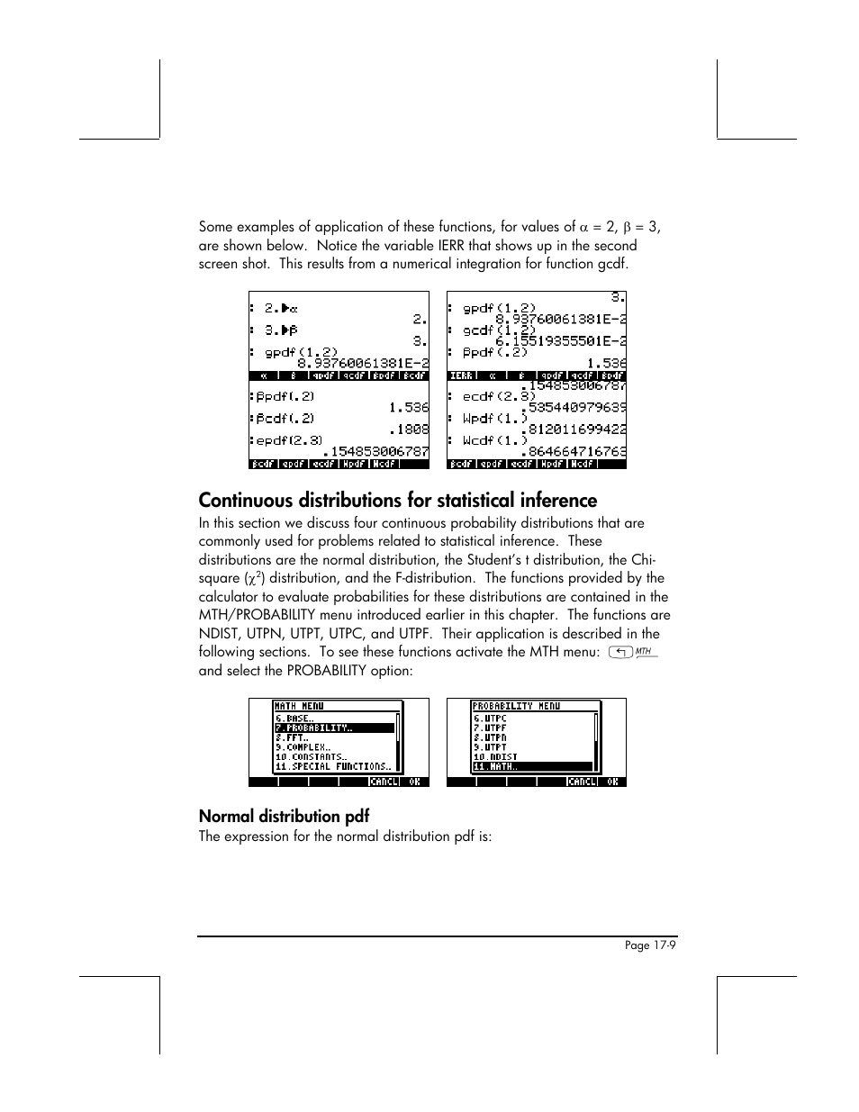 Continuous distributions for statistical inference, Normal distribution pdf | HP 49g+ User Manual | Page 558 / 862