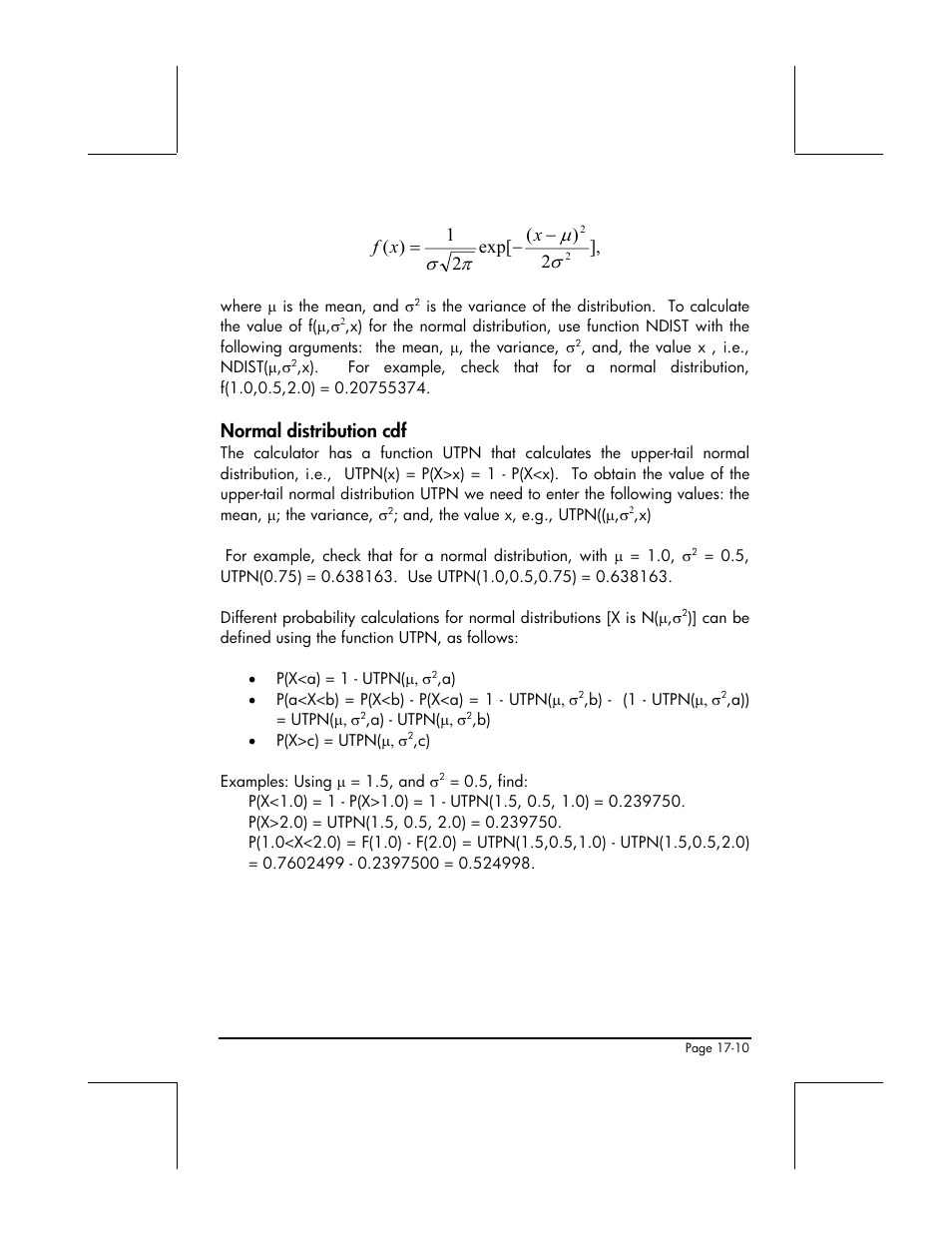 Normal distribution cdf, 2 ) ( exp[ 2 1 ), Σµ π σ − − = x x f | HP 49g+ User Manual | Page 559 / 862